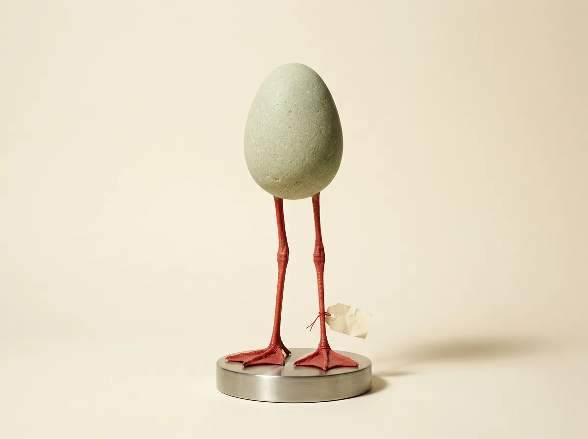 A pale green egg-shaped stone standing on long red bird legs, with an inventory tag tied to its ankle.